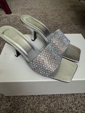 By Far Dylan Silver Crystal-Embellished Mules 36 BNIB